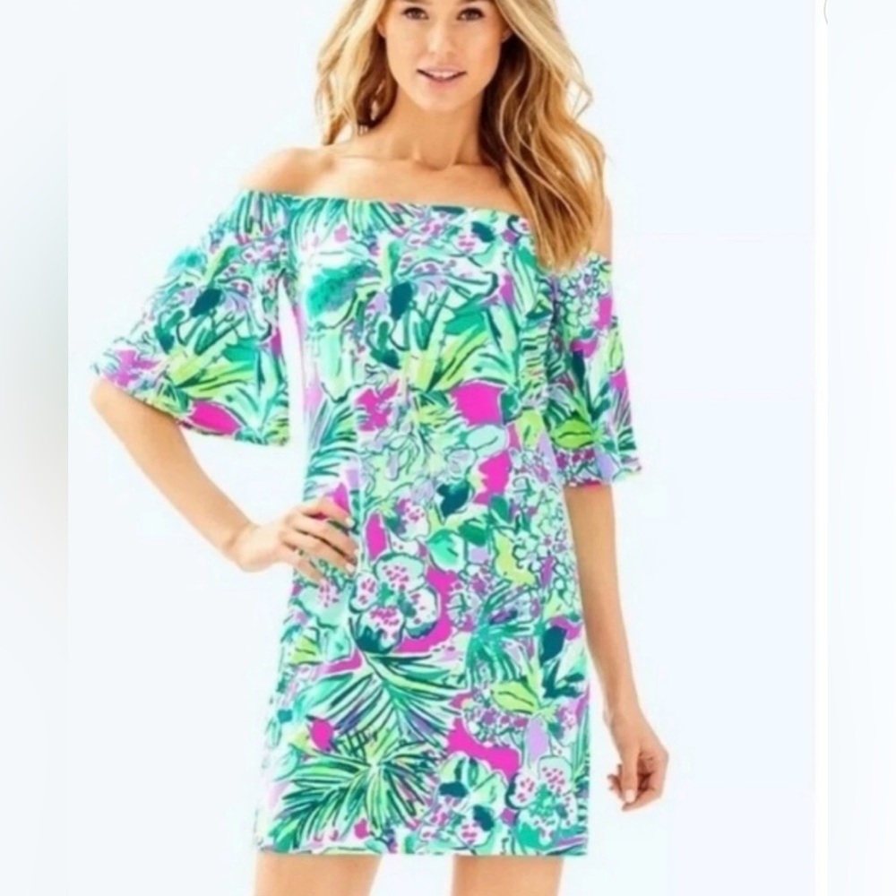 Lilly Pulitzer Tropical Off-Shoulder Dress - Pink, Green, Blue